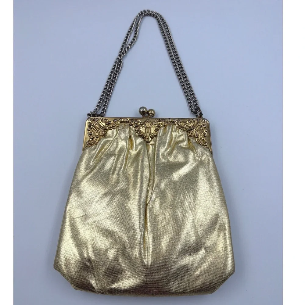 Vintage Gold Satin Evening Bag Ornate Frame Chain Strap‎ Clutch w/ Coin Bag
